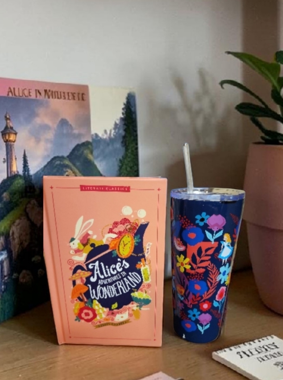 Disney Alice In Wonderland Tumbler And NWT Book Bundle Set